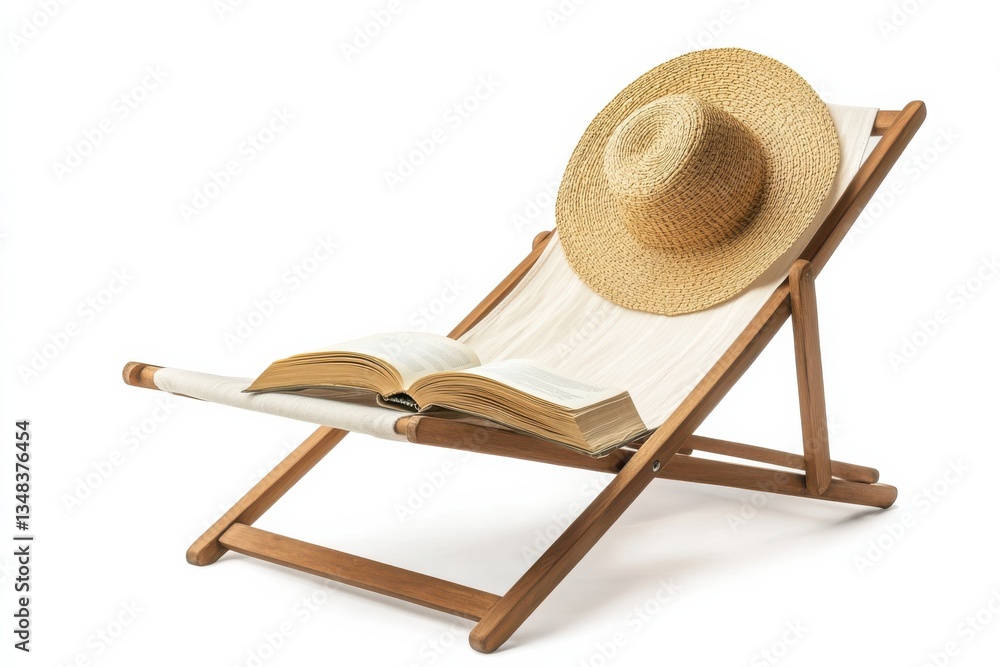 Relaxing in the sun with a book and a straw hat on a cozy deckchair on a summer afternoon Relaxing in the sun with a book and a straw hat on a cozy deckchair on a summer afternoon