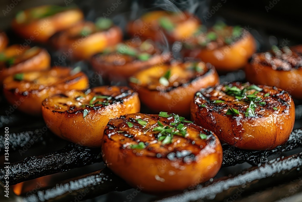 caramelized peaches on rustic grill grates smoke wisps rising golden char marks summer evening light caramelized peaches on rustic grill grates smoke wisps rising golden char marks summer evening light