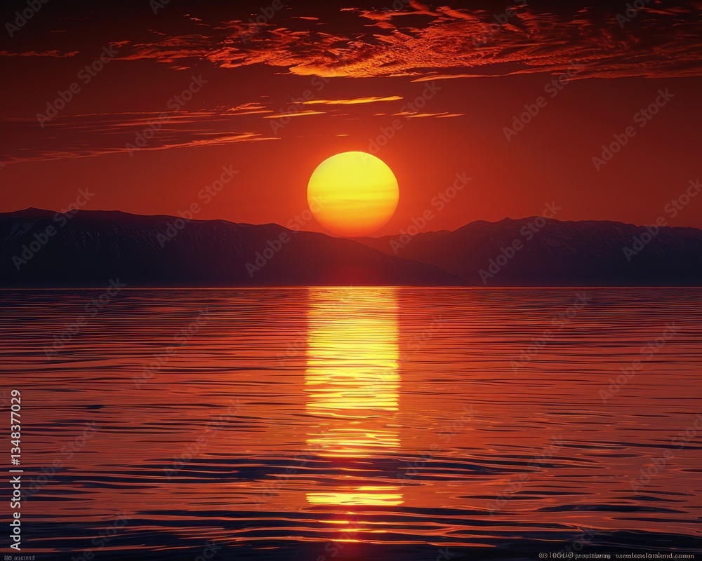 Fiery sunset over calm lake mountains Fiery sunset over calm lake mountains