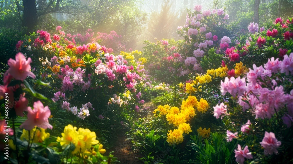 Obraz premium 40.A beautiful garden background showcasing a colorful array of flowers in full bloom, capturing the essence of spring. The flowers, in shades of pink, yellow, and purple, fill the frame, while lush
