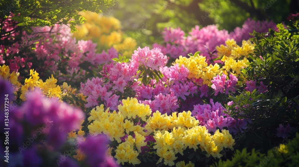 Obraz premium 40.A beautiful garden background showcasing a colorful array of flowers in full bloom, capturing the essence of spring. The flowers, in shades of pink, yellow, and purple, fill the frame, while lush