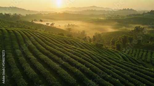 60.A green tea plantation stretches across the horizon as the first light of sunrise bathes the landscape in soft, golden hues. The rows of neatly tended tea bushes, each with vibrant green leaves,