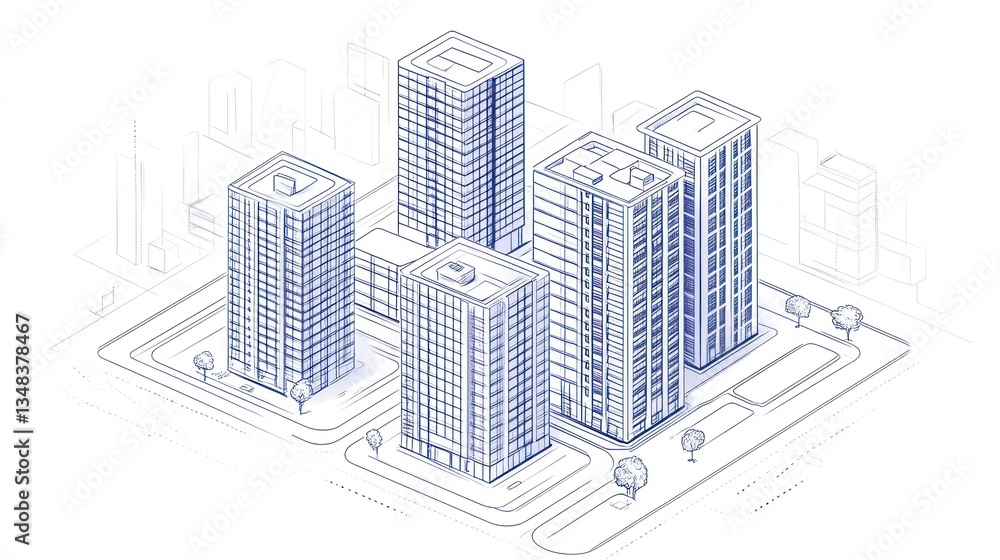 Fototapeta premium Isometric City Skyline Architectural Drawing