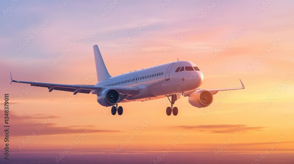 Mockup of an airplane jet flying through a sunset sky, showcasing blank space on the aircraft body for branding or advertisement placement Mockup of an airplane jet flying through a sunset sky, showcasing blank space on the aircraft body for branding or advertisement placement