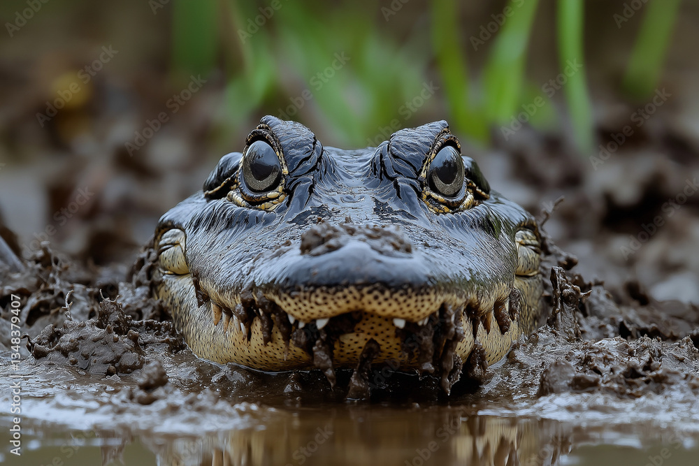 Fototapeta premium A close-up of an alligator with a watchful gaze. The image is one of the file types available in the depicted content management system