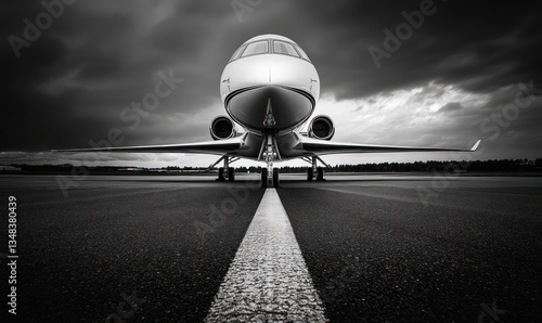 A private plane or jet, black and white monochrome cinematic shot on an empty runway, dark and dramatic aesthetic, AI generated