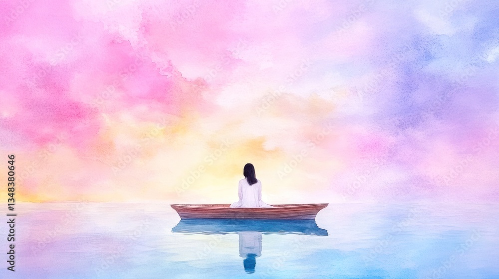 Naklejka premium Woman on Wooden Boat in Maldives with Pastel Background