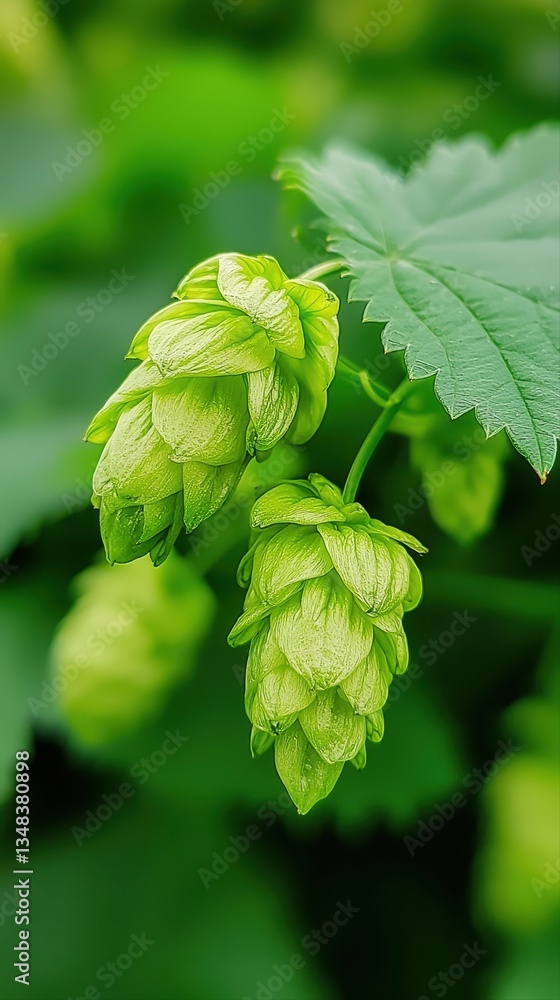 Close-up view of vibrant green hop cones growing on a vine surrounded by lush green leaves in a natural, healthy, and thriving garden setting Close-up view of vibrant green hop cones growing on a vine surrounded by lush green leaves in a natural, healthy, and thriving garden setting