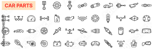 Car Parts & Auto Components Icon Set – Engine, Transmission, Brakes, Suspension, Battery, Fuel System, Exhaust, Wheels, Steering, Lighting, Electric Vehicle Parts