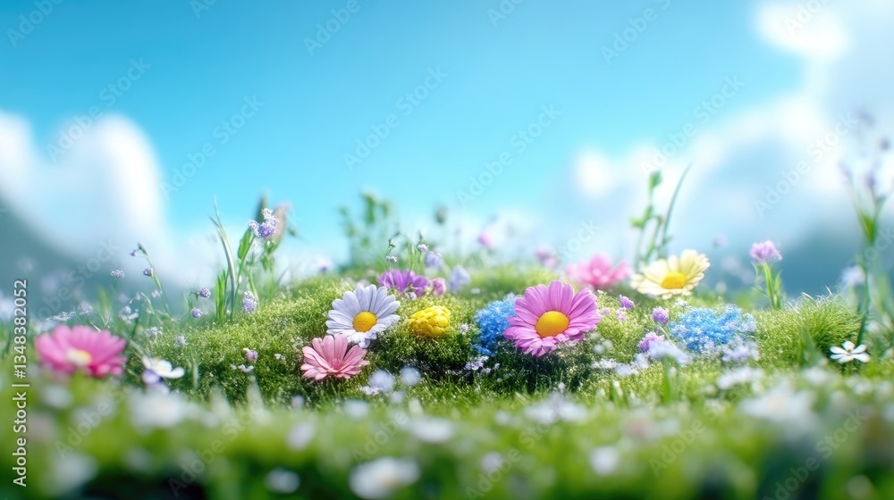 Fototapeta premium Colorful wildflowers bloom in a vibrant meadow under a clear blue sky. Lush green grass covers the hillside