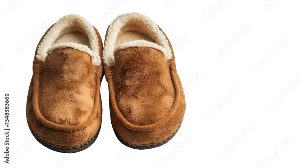Pair of brown suede slippers with faux fur lining on transparent background Pair of brown suede slippers with faux fur lining on transparent background