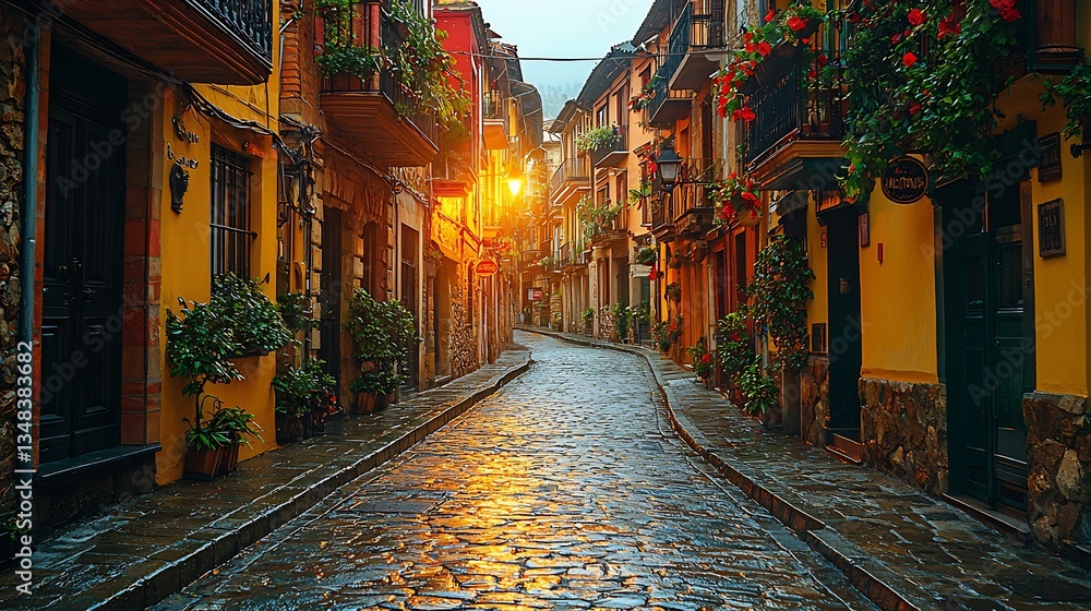 Fototapeta premium Quiet streets of Pamplona early in the morning with its historical buildings and winding roads captured with a prime lens