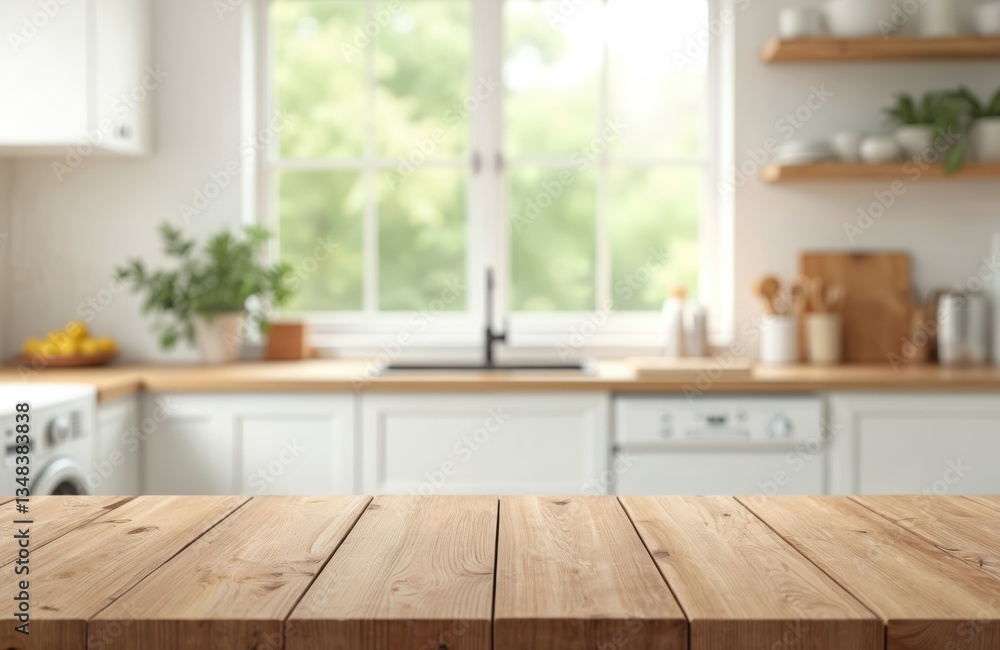 Wooden table on blur of white modern kitchen interior background. Empty wood counter top for display or montage. Sunny, daylight, window, plants. Dining table for food and drink, home decor. Wooden table on blur of white modern kitchen interior background. Empty wood counter top for display or montage. Sunny, daylight, window, plants. Dining table for food and drink, home decor.