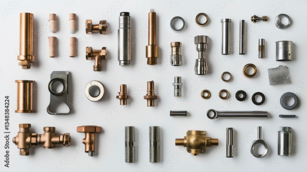 Obraz premium Neatly arranged plumbing components, showcasing precision and organization in design.