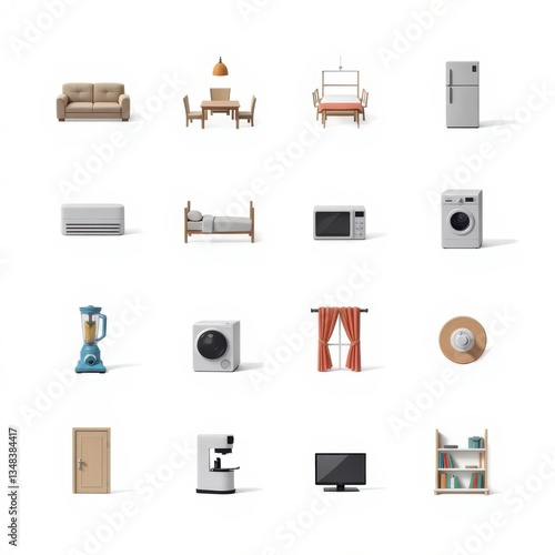 Home Appliances and Furniture Set: Couch, Table, Bed, Fridge, Washer, TV, and More. Interior Design Elements.