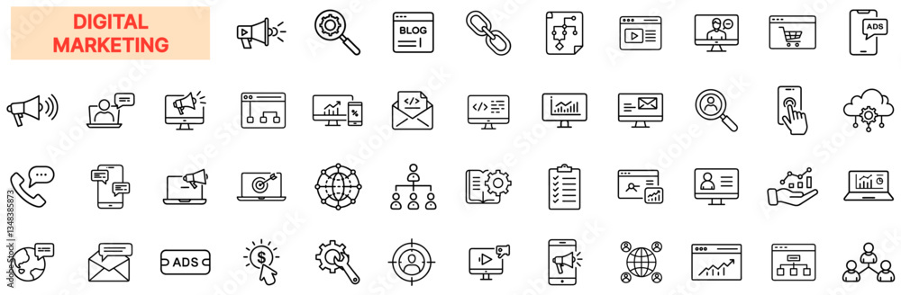 Fototapeta premium Digital Marketing Icon Set – SEO, PPC, Social Media Ads, Content Marketing, Email Campaigns, Affiliate Marketing, Web Analytics, E-Commerce, Online Advertising