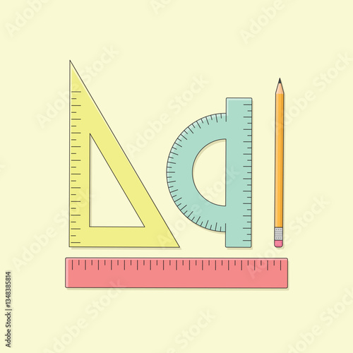A set of measuring tools consisting of a ruler, a triangle, a protractor and a pencil. Vector Illustration.