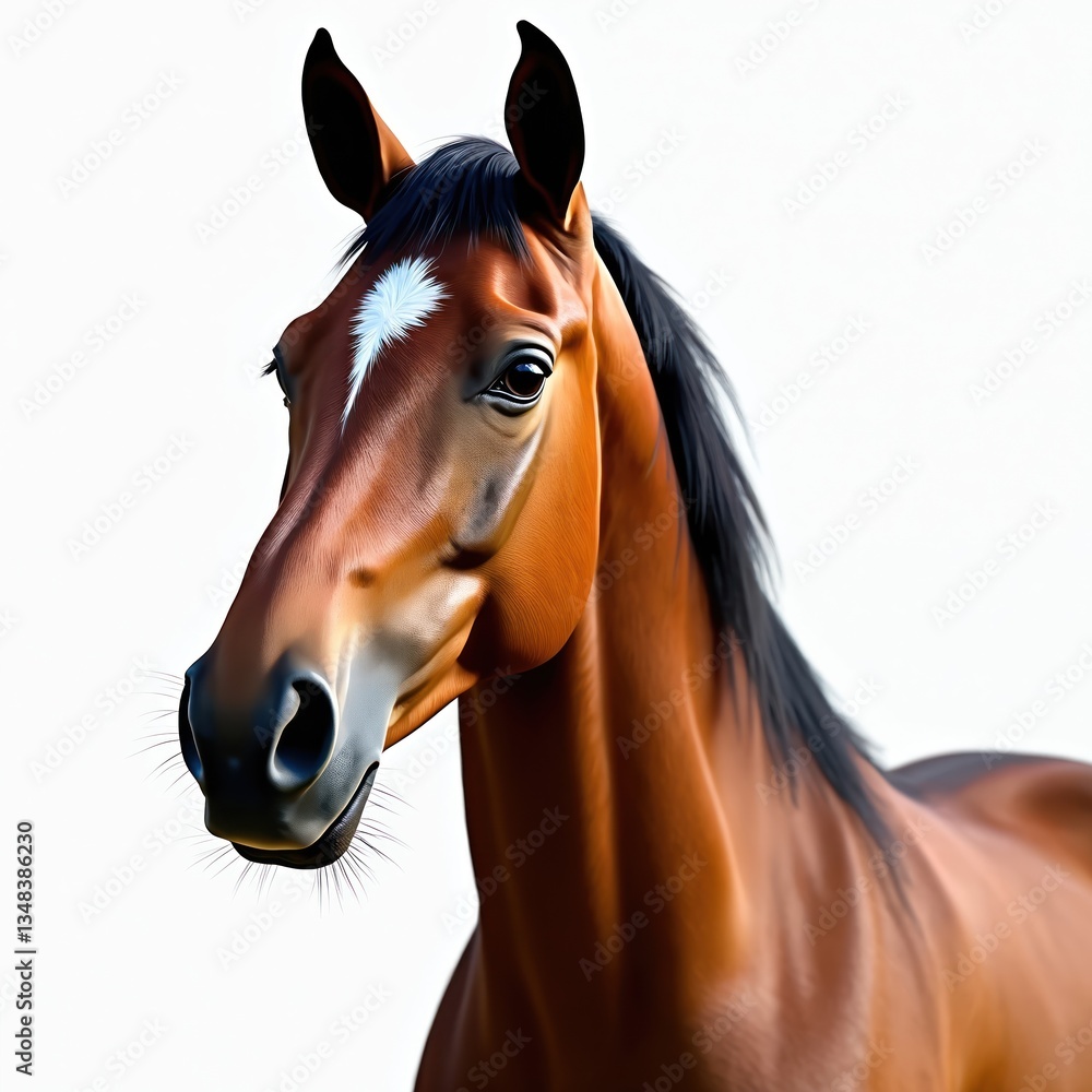 Obraz premium Portrait brown horse head isolated white background. Elegant equine animal with black mane, white stripe. Beautiful mammal, closeup view. Equestrian theme, nature, wildlife, farm.