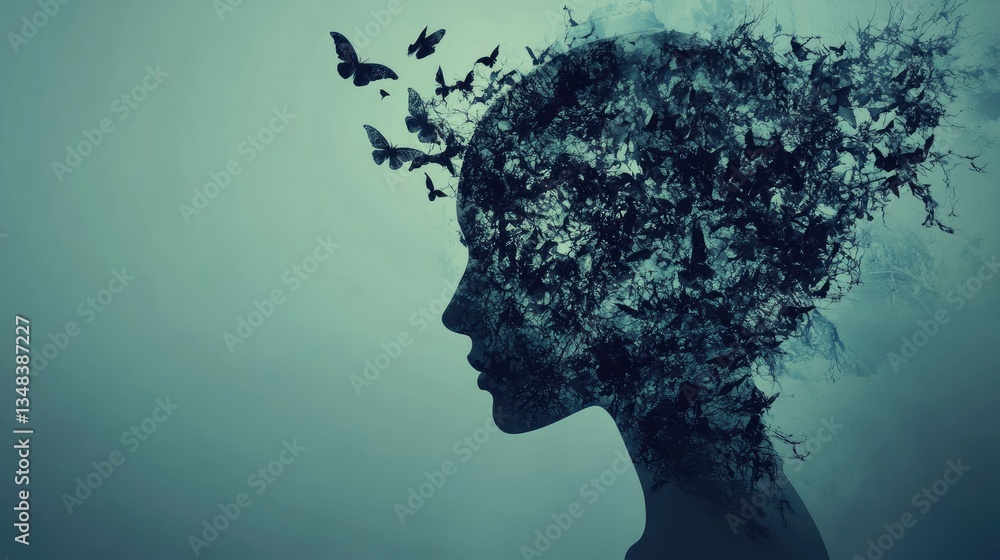 Woman Silhouette with Butterflies and Abstract Floral Pattern for Mental Health Woman Silhouette with Butterflies and Abstract Floral Pattern for Mental Health