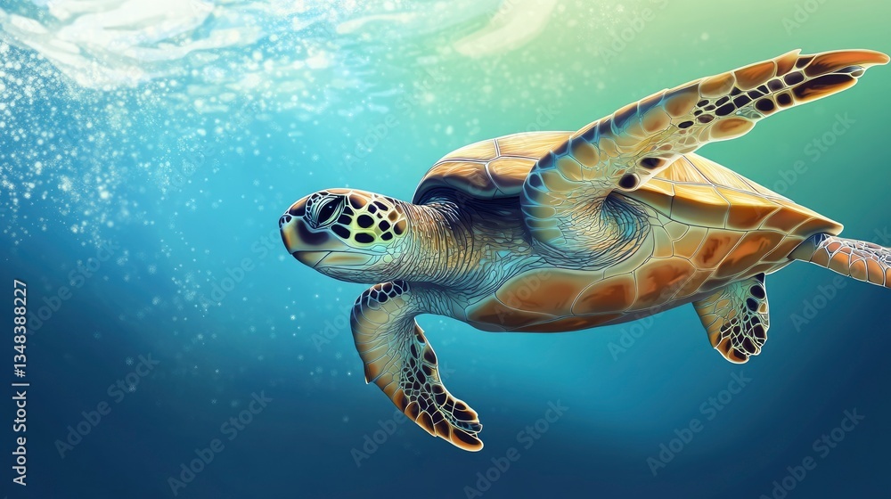 Fototapeta premium Sea Turtle Swimming Underwater with Sunlit Water Bubbles Art Illustration