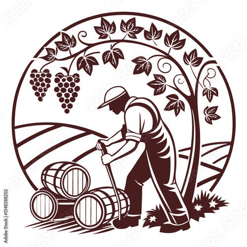 Wine Barrel Rolling Farmer Clipart for Labels, Blogs, Branding, and Packaging

