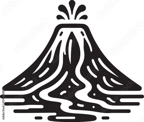 Volcano with lava flow silhouette vector. Active volcano erupting with molten lava, smoke, and ash, perfect for nature, disaster, and geological designs. Isolated EPS format.