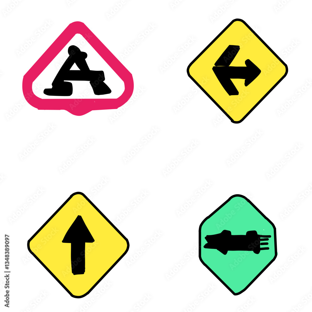 A collection of four road signs, including a construction warning sign with a red triangle, a yellow left-turn sign, a straight-ahead arrow, and a green futuristic-looking sign. A collection of four road signs, including a construction warning sign with a red triangle, a yellow left-turn sign, a straight-ahead arrow, and a green futuristic-looking sign.
