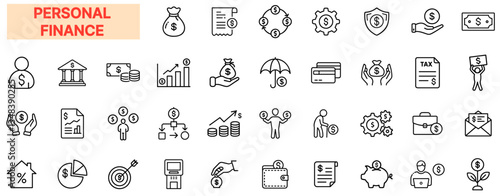 Personal Finance Icon Set – Money Management, Budgeting, Savings, Investments, Banking, Taxation, Financial Planning, Expense Tracking