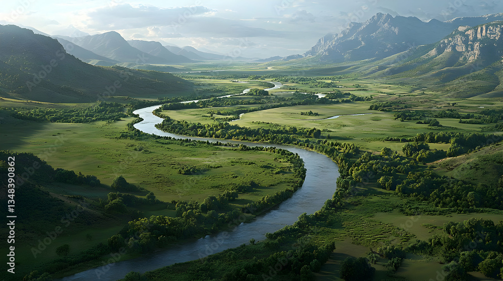 Fototapeta premium Aerial View Of Lush Green Valley With Winding River And Mountain Range Under Sunlight