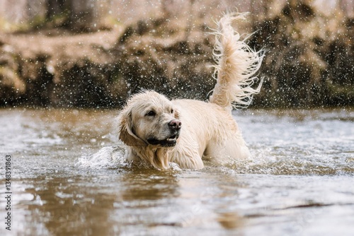 English Cream Golden Retriever Playing in the Water