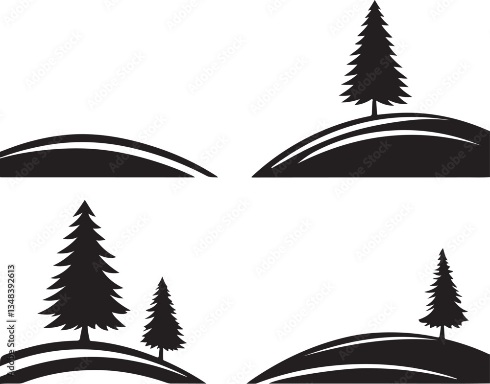 Obraz premium Trees on hill silhouette vector. Peaceful nature landscape with rolling hills and forest scenery, perfect for outdoor, adventure, and eco designs. Isolated EPS format.