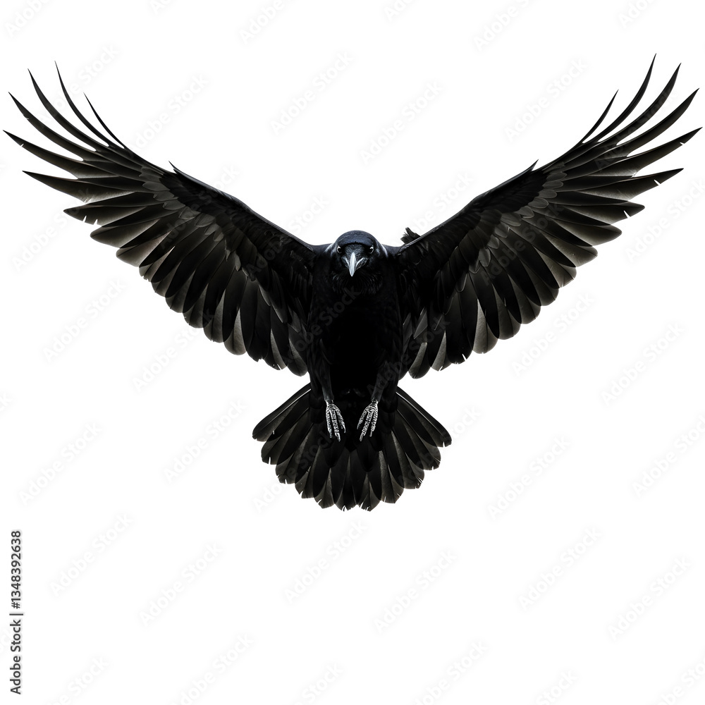 Fototapeta premium Black Raven Flying with Outstretched Wings on Transparent Background 