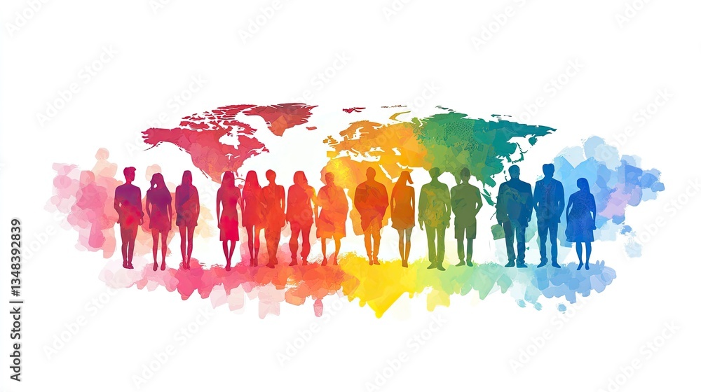 Obraz premium Silhouettes of Diverse People Standing on Colorful World Map Illustration