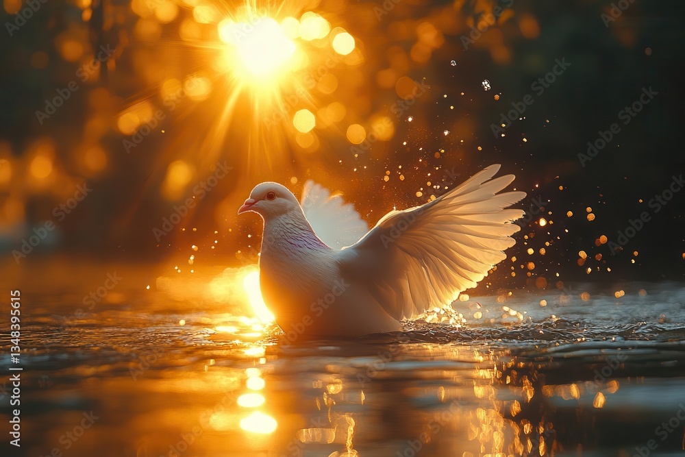 cinematic scene of baptism with ethereal dove descending through rays of light creating ripples on serene river surface at golden hour