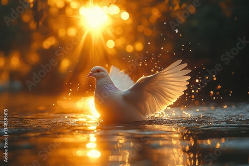 Obraz na płótnie cinematic scene of baptism with ethereal dove descending through rays of light creating ripples on serene river surface at golden hour w salonie