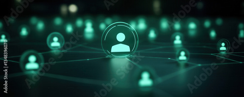 A digital network representation with glowing green user icons interconnected, symbolizing connectivity and digital communication.