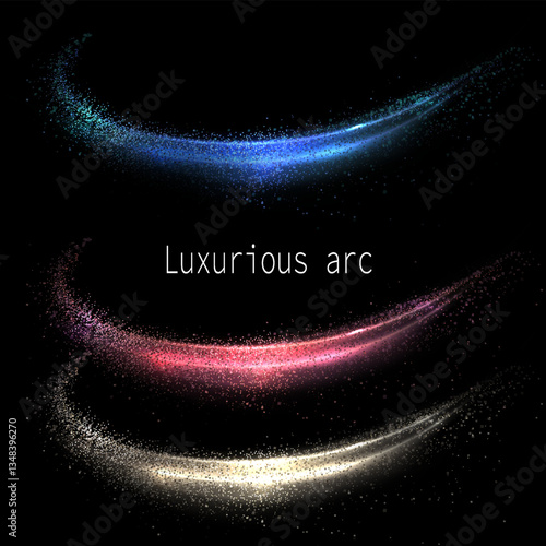 Set of arches with shiny tinsel on a black background, design element.