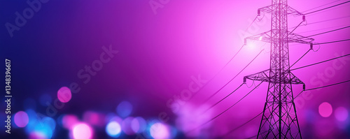 Wallpaper Mural A vibrant image of a power line tower against a colorful, illuminated background, showcasing a blend of purple and blue hues. Torontodigital.ca