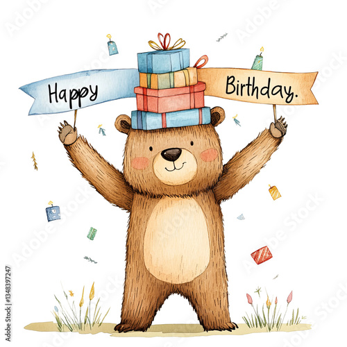 A brown bear balancing a stack of birthday gifts on its head, with a banner that reads 