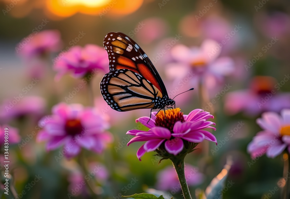 Naklejka premium Monarch Butterfly Resting on Pink Flower in a Sunlit Garden