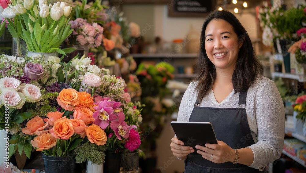 Fototapeta premium A woman stands confidently in her flower shop. She wears an apron and smiles while holding a tablet, surrounded by colorful bouquets