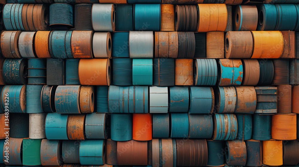 stack of colorful industrial metal coils arranged neatly, showcasing vibrant orange and blue tones with weathered texture stack of colorful industrial metal coils arranged neatly, showcasing vibrant orange and blue tones with weathered texture