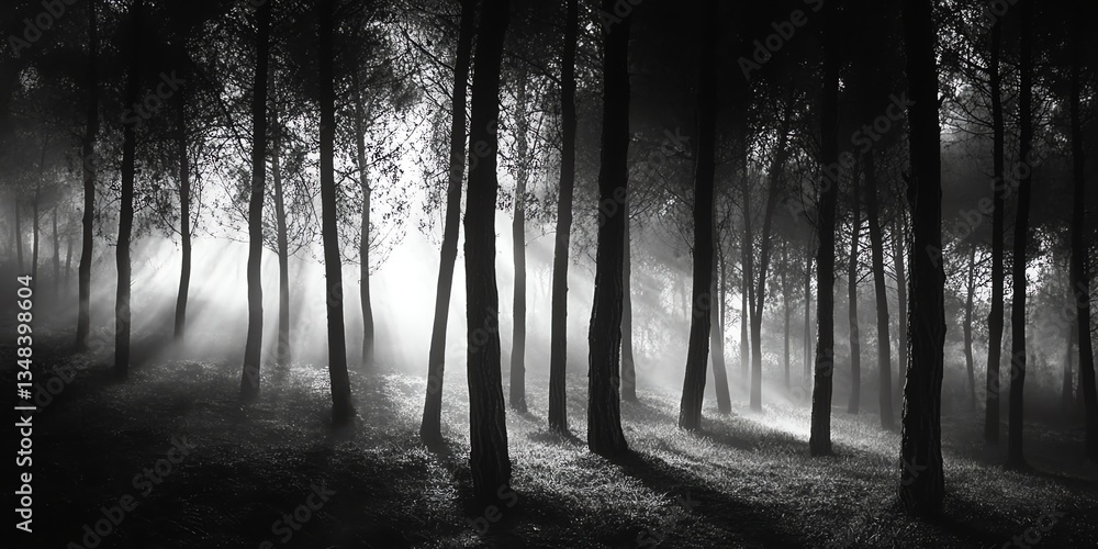 Fototapeta premium Sunlight Shining Through Trees in a Mystical Dark Forest Landscape