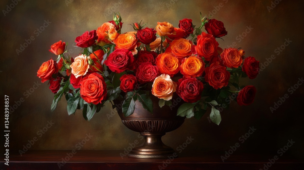 Fototapeta premium A Luxurious Bouquet of Red and Orange Roses in a Vintage Urn