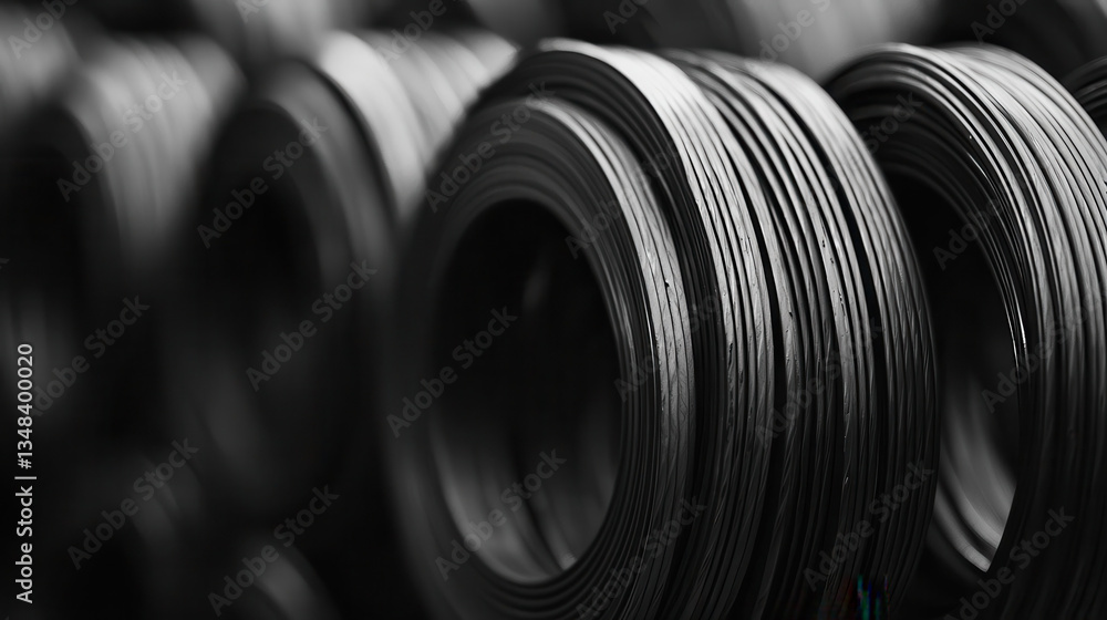 monochromatic industrial photo showcasing coiled metal wires, emphasizing texture and depth in factory setting monochromatic industrial photo showcasing coiled metal wires, emphasizing texture and depth in factory setting