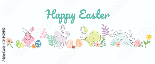 Happy Easter vector card. Hand-drawn design of Spring greeting card. Vertical card with egg, spring flowers, leaves