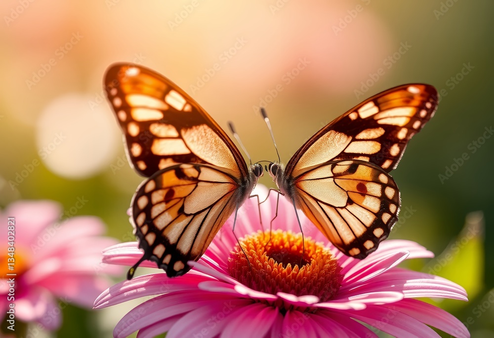 Two butterflies gathering nectar from a pink flower in sunlight Two butterflies gathering nectar from a pink flower in sunlight