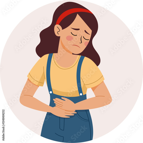 Illustration of a woman holding her stomach in a painful gesture. Stomach ache, cramps, or digestive problems.