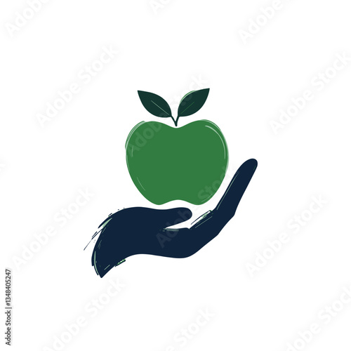 Hand holding a stylized green apple with leaves on white background