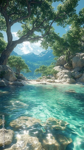 Tranquil turquoise water reflects sky, surrounded by lush greenery and rocks
